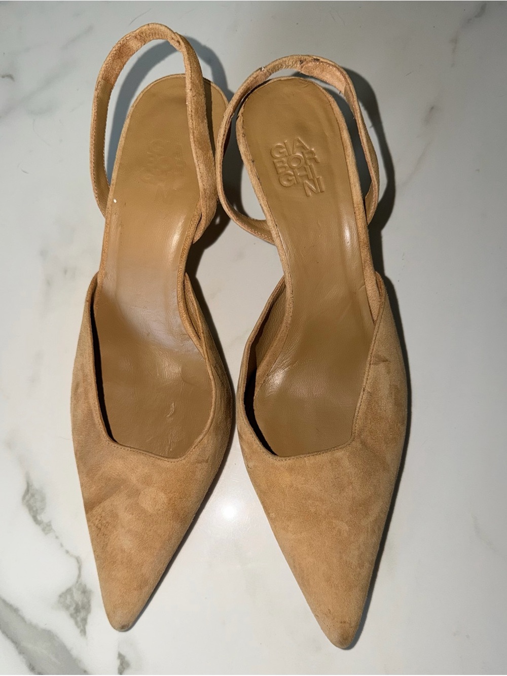 Gia Borghini Tan Suede Pointed Slingback Mules